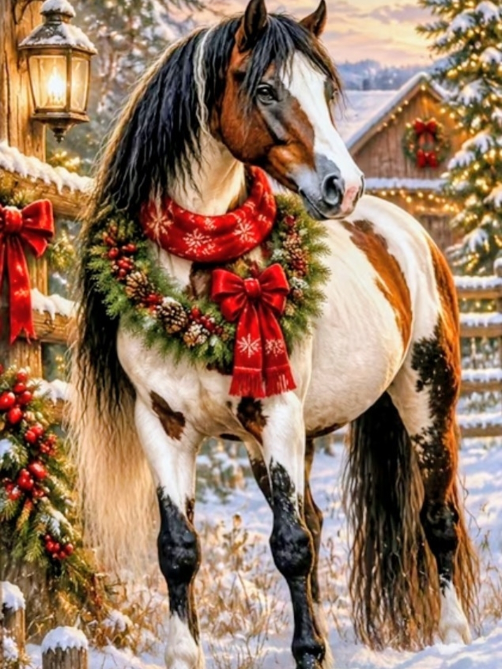 Holiday Horse Wall Art Print - Red Wreath & Scarf 8x10 Print